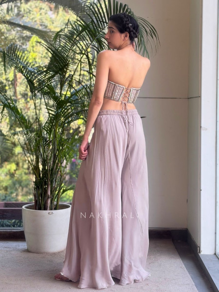 Midnight Muse Beige Indo Western Palazzo Set with Sequin Bead Work