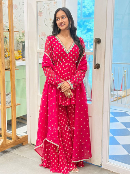 Chitrika Red Bandhani Sharara Suit Set with Mirror & Gota Patti Work