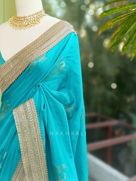 Tavira Rama Saree with Broad Border and Unstitched Blouse Piece