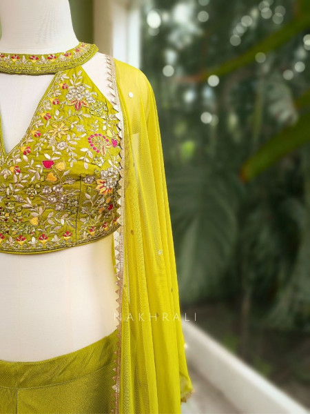Green Silk Crop Top Palazzo Set with Cut Dana, Beads & Mirror Work