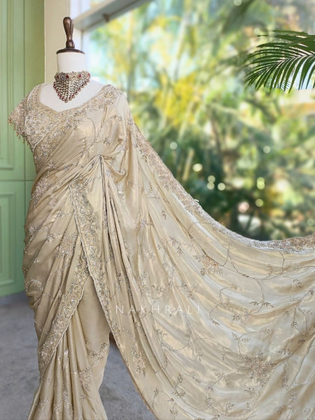 Shwetambari Golden Saree with Bead and Stone Work