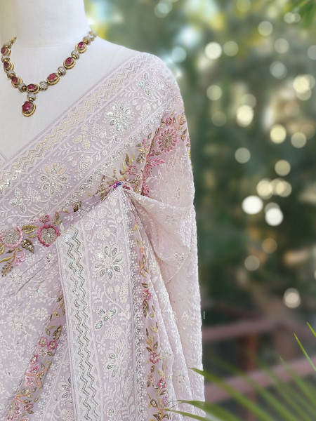 Ecru Grace  Purple Embroidered Elegance Saree with Sequin Detailing