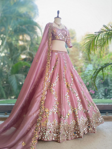 Aaina-e-Gul Pink Tissue Silk & Organza Silk Lehenga