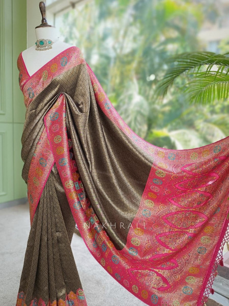 Kanira Golden Zari Brocade Saree with Magenta Paithani Border