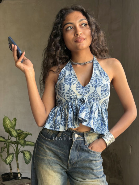 Tierra Flare Blue Printed Crop Top