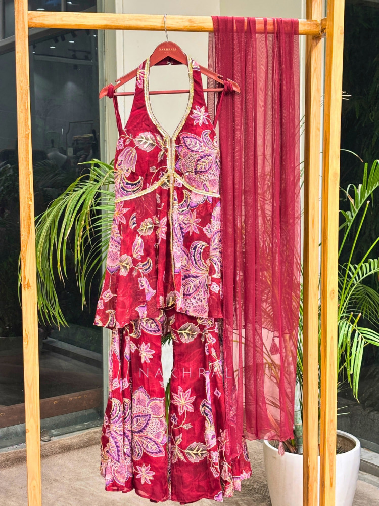 Image of Gulbahar Maroon Indo-Western Peplum Sharara Set