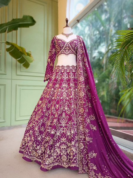 Gulzari Wine Raw Silk Lehenga Set