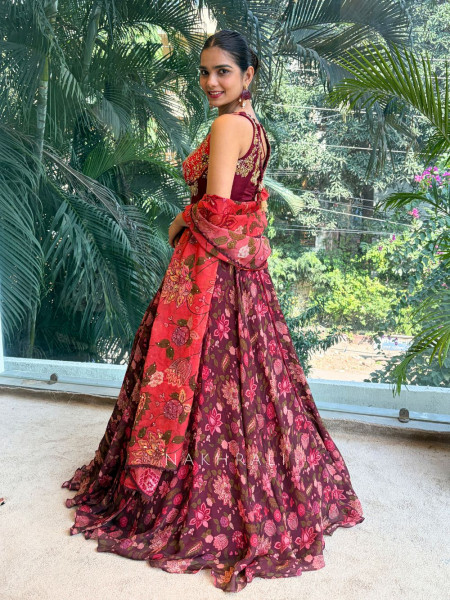 Crimson Bloom Georgette Corset Lehenga with Sequin Embroidery