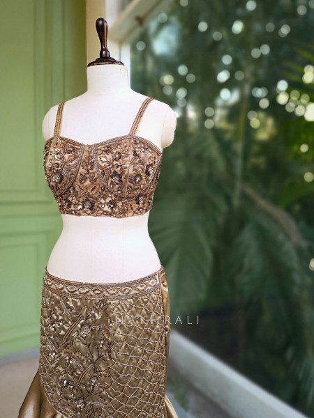 Arista Brown Satin Indo-Western Lehenga with Sequin Bead Work