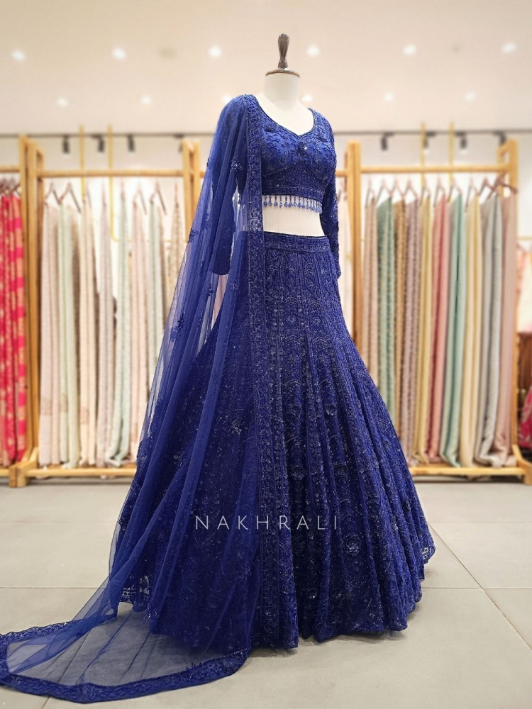 Image of Royal Blue Embroidered Lehenga Set with Beads and Sequins