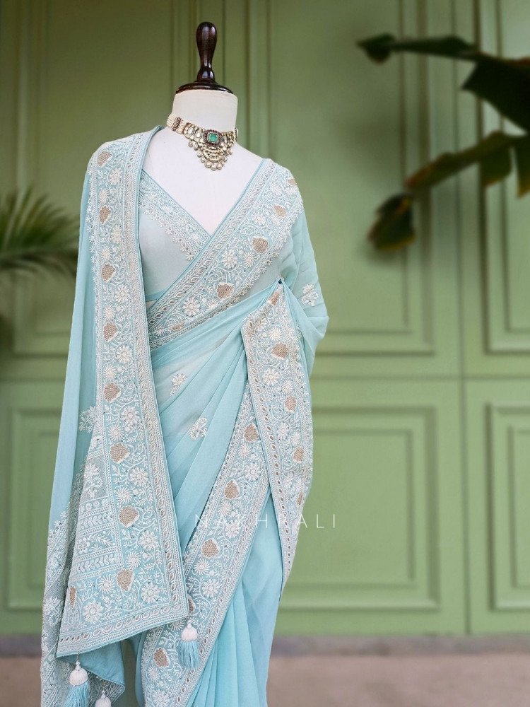 Image of Vanya Bloom Sea Green Chikankari  Saree With Running Blouse Piece Chikankari
