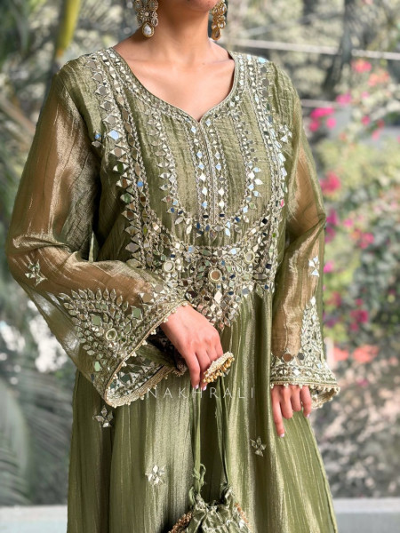 Poise Green Tissue Long Dress with Mirror and Zari Work