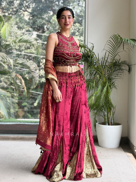 Nazneen Maroon Velvet Indo-Western Crop Top Palazzo