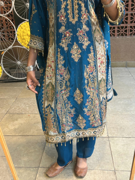 Tapestry Teal Blue Modal Silk Suit Set With Kalamkari Print & Zardozi Embroidery