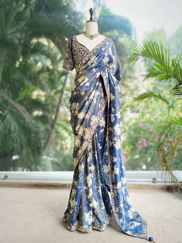 Image of Aarvika Blue Floral Printed Saree with Sequin Zari Blouse