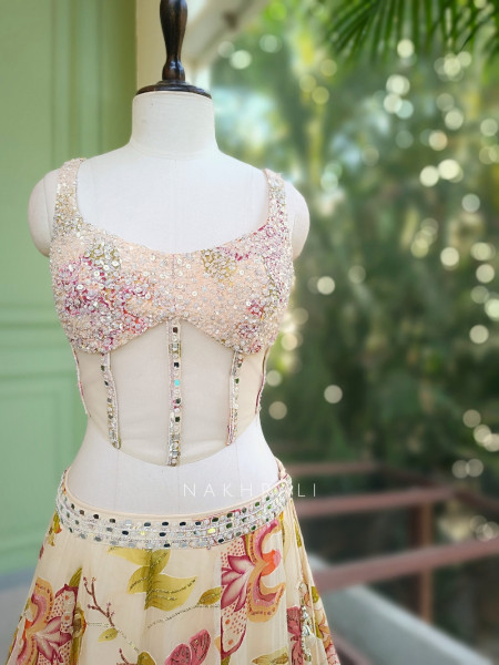 Floral Cream Corset Lehenga with Sequin and Mirror Work