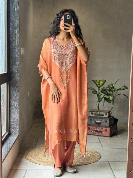 Riyana Orange Kaftan Set with Heavy Embroidered Neckline
