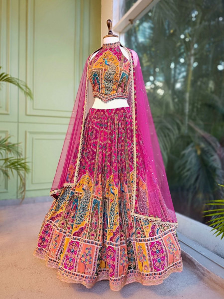 Gulnaar-e-Ishq Peacock Print Halter Neck Lehenga Set