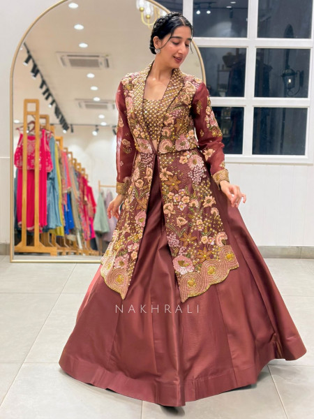 Sorrel Maroon Indo Western Lehenga Jacket Set