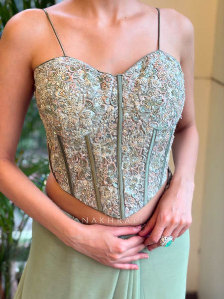 Cirelle Pista Green Saree with Corset Blouse Sequin Cut Dana Work