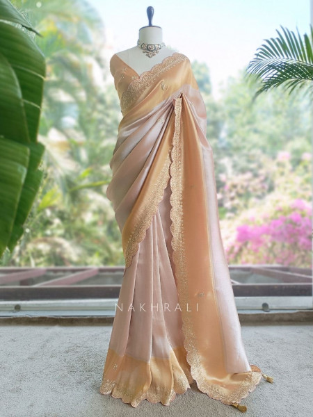 Skylight Peach Zari Weaved Saree with Embroidered Border