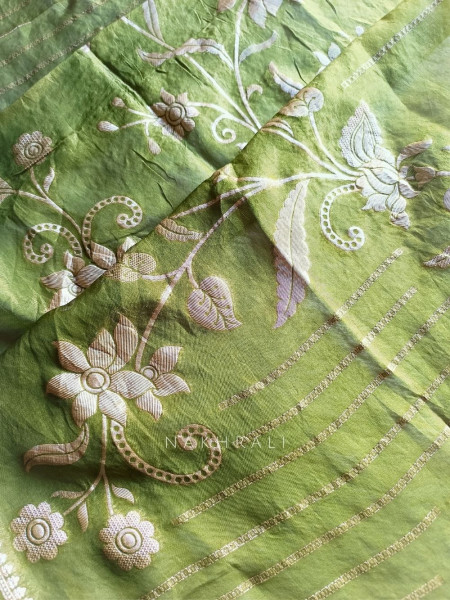 Noorline Glow Green Semi-stitched Dress Material with Sequin and Cut Dana Work