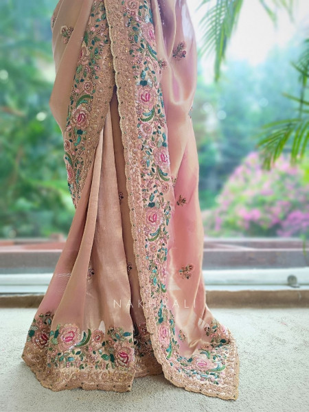 Siya Peach Floral Embroidered Saree with Readymade Blouse