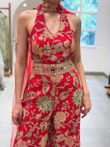Kiara Red Jumpsuit with Floral Zari Work