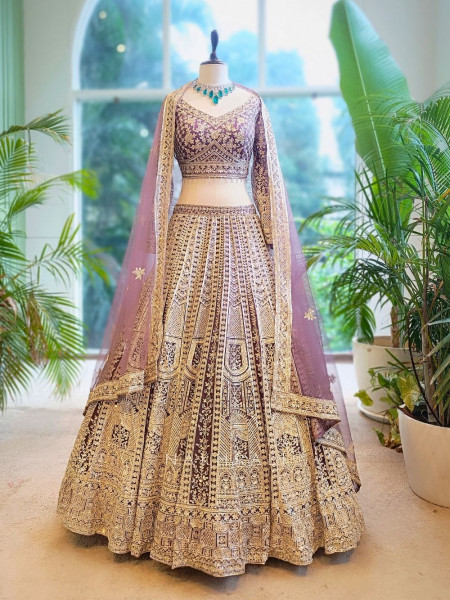 Golden Flare Purple Lehenga with Thread and Sequin Work