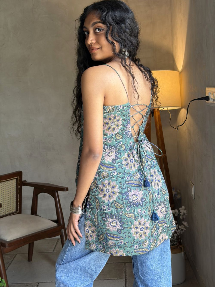 Image of Mira Dark Green Printed Spaghetti Strap A-Line Top