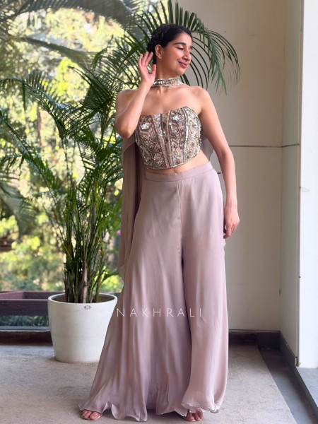 Midnight Muse Beige Indo Western Palazzo Set with Sequin Bead Work