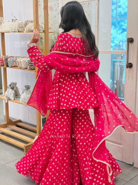 Chitrika Red Bandhani Sharara Suit Set with Mirror & Gota Patti Work