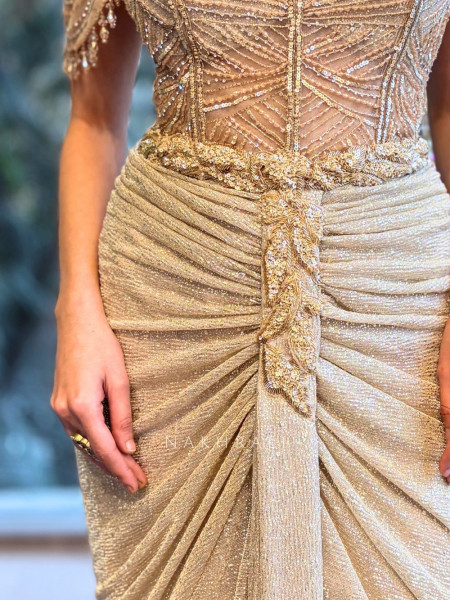 Neferta Beige Sequins Drape Gown