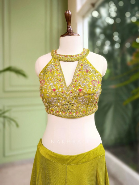 Green Silk Crop Top Palazzo Set with Cut Dana, Beads & Mirror Work