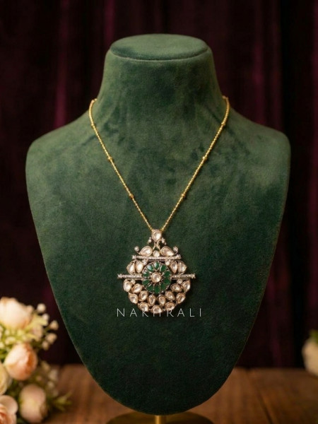 Harit Mandala Green Long Necklace Set With Stone-Studded Circular Pendant