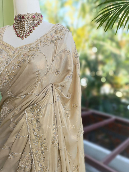 Shwetambari Golden Saree with Bead and Stone Work