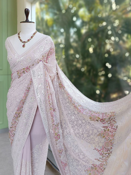 Ecru Grace  Purple Embroidered Elegance Saree with Sequin Detailing