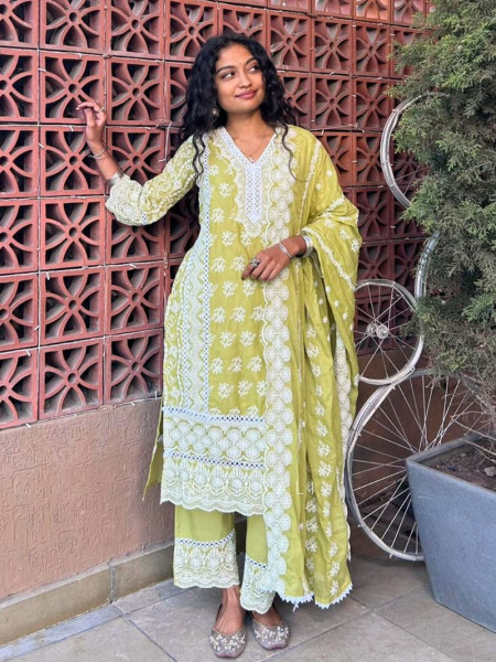 Mireya Green Cotton Suit Set with Lucknowi Embroidery