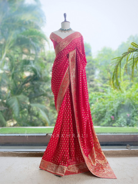 Brocade Medallion Red Banarasi Georgette Saree