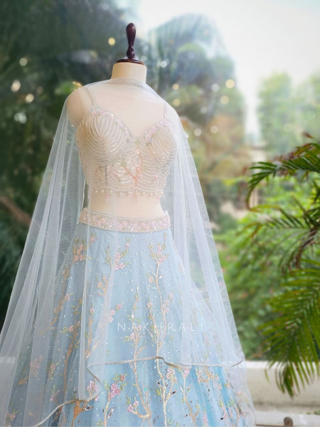 Aurelia Sky Blue Net Lehenga with Beads & Sequin Embroidery