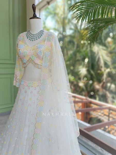 Brinelle Cream Net Lehenga with Floral Cut Dana Work
