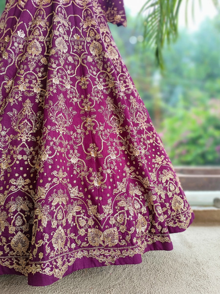 Gulzari Wine Raw Silk Lehenga Set