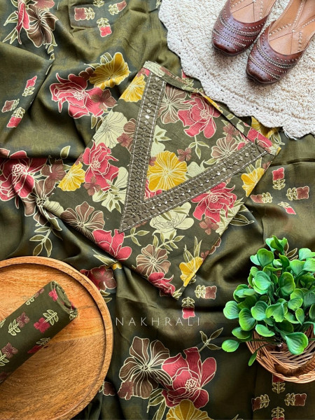 Floraison Green Cotton Dress Material with Mirror Work