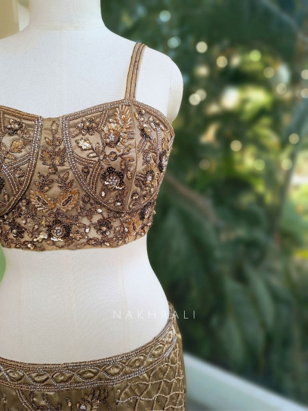 Arista Brown Satin Indo-Western Lehenga with Sequin Bead Work