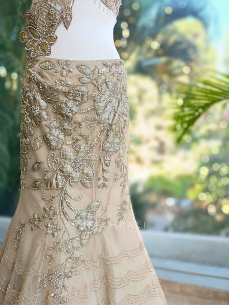 Aurevia Beige Indo-Western Mermaid Lehenga with Sequin and Pearl Work