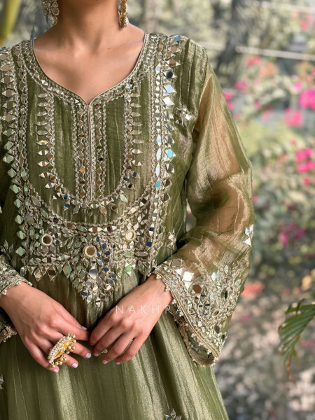 Poise Green Tissue Long Dress with Mirror and Zari Work