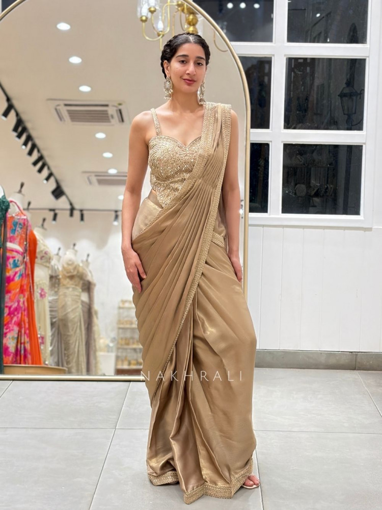 Image of Velo Brown Drape Saree with Mirror Embroidered Blouse