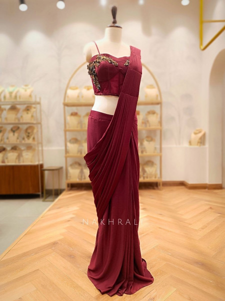 Riyana Maroon Pre-Draped Saree with Corset Blouse
