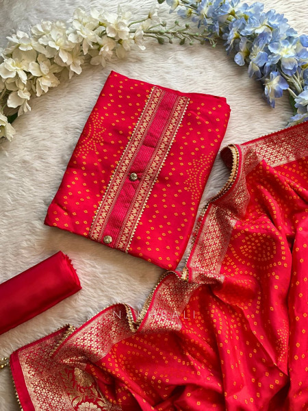 Rangjyot Red Bandhani Suit Set with Gota Patti Dupatta