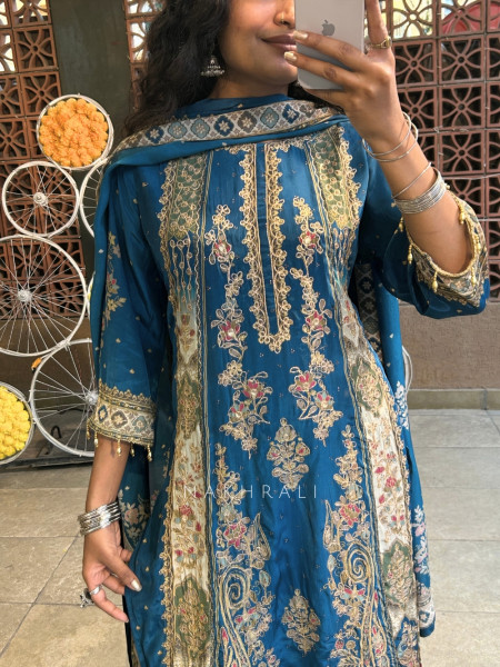 Tapestry Teal Blue Modal Silk Suit Set With Kalamkari Print & Zardozi Embroidery